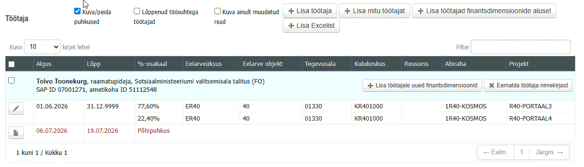 Kuva/peida puhkused